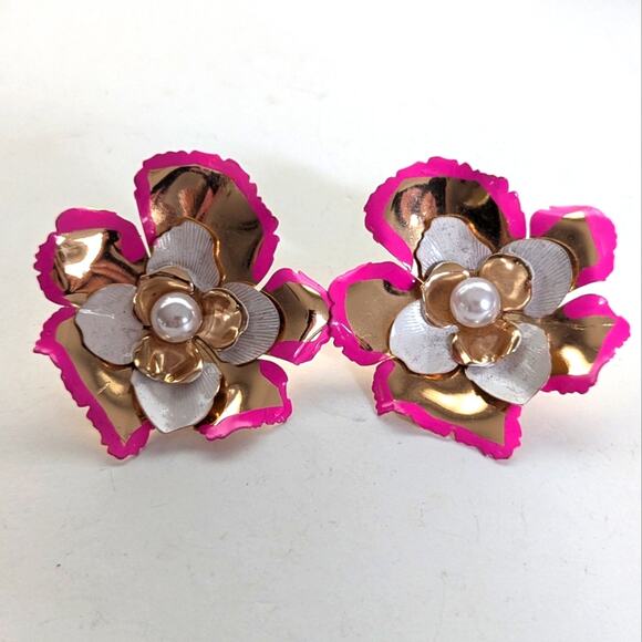 Unbranded Jewelry - Chunky Large Glam Gold Tone Pink Faux Pearl Flower 90s Clueless Post Earrings